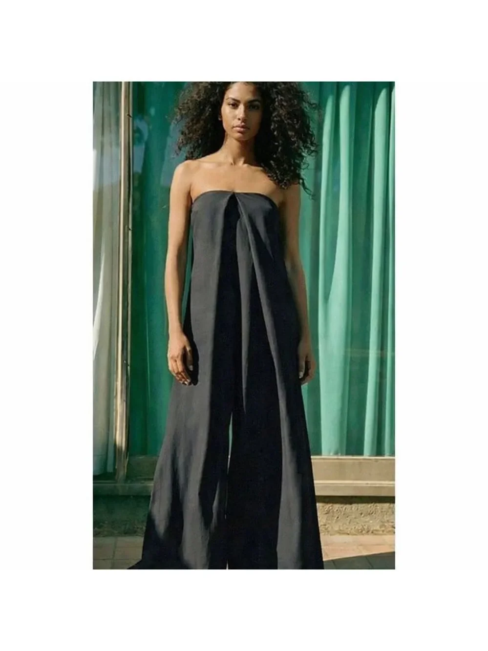 ZARA BLACK STRAPLESS LINEN BLEND JUMPSUIT WIDE LEG S